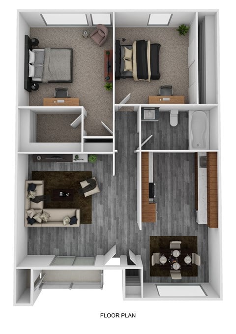 Floor plan for 2 beds, 1 bath, 975 sqft